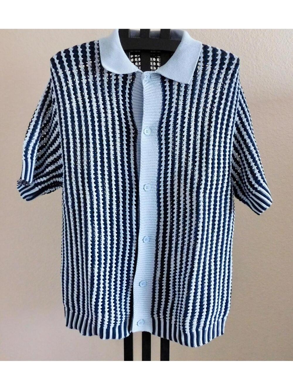 PacSun Mens Size L Crocheted Knit Polo Shirt Blue Cotton Button Front Casual